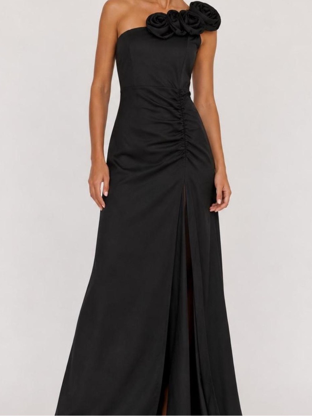 Emerald Sundae Black One-Shoulder Evening Gown with Rosette Accents